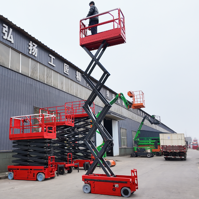 Nền tảng làm việc dạng cắt kéo tự hành màu đỏ tải trọng 450kg cao 8m