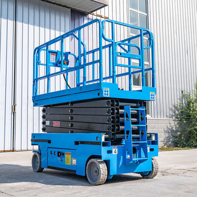 Xe nâng cắt kéo tự hành chạy điện màu xanh 320kg Công suất 13,8m Chiều cao tối đa
